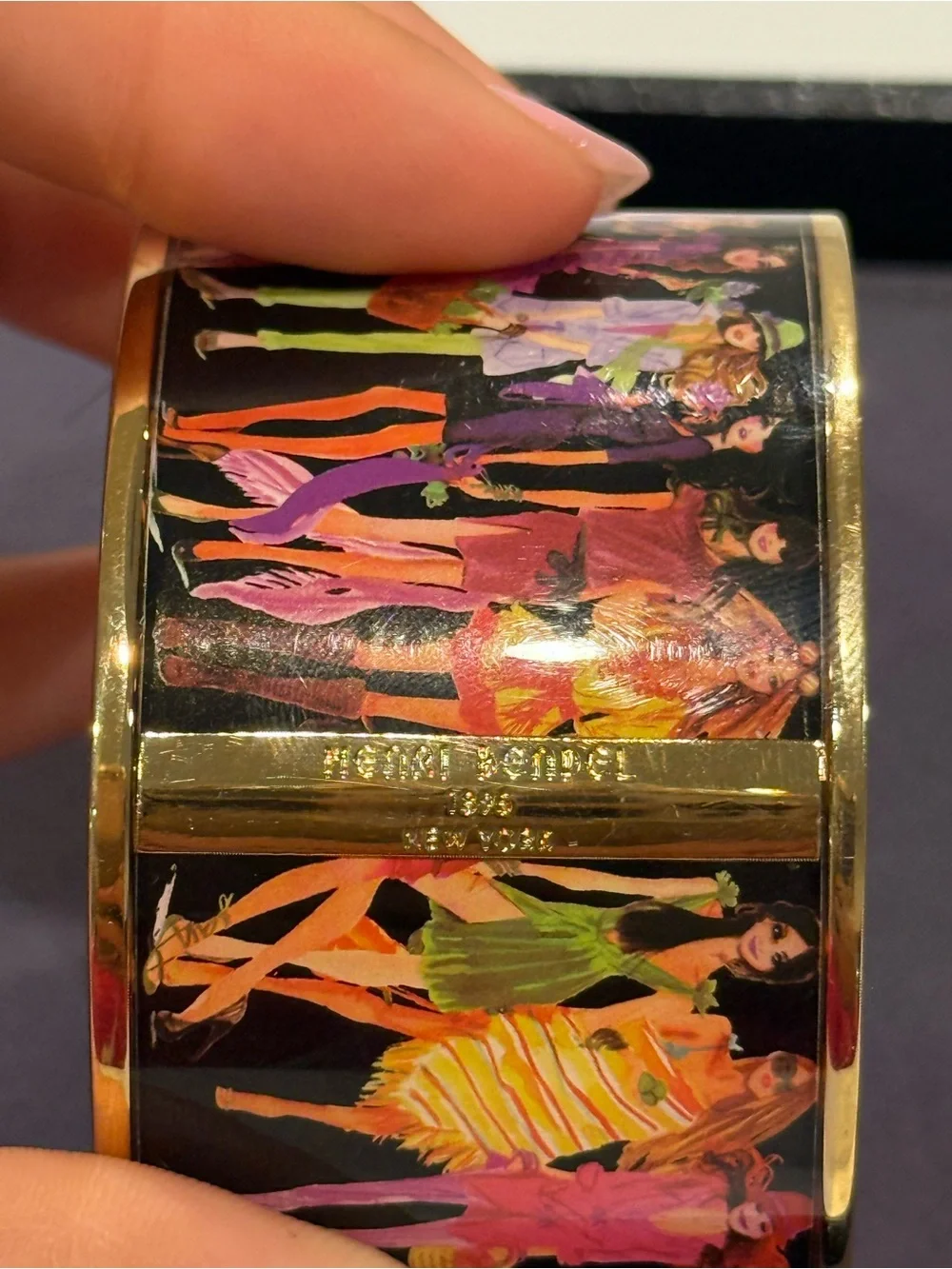 Henri Bendel New York Wide Enamel Fashion Illustration Gold Tone Bracelet